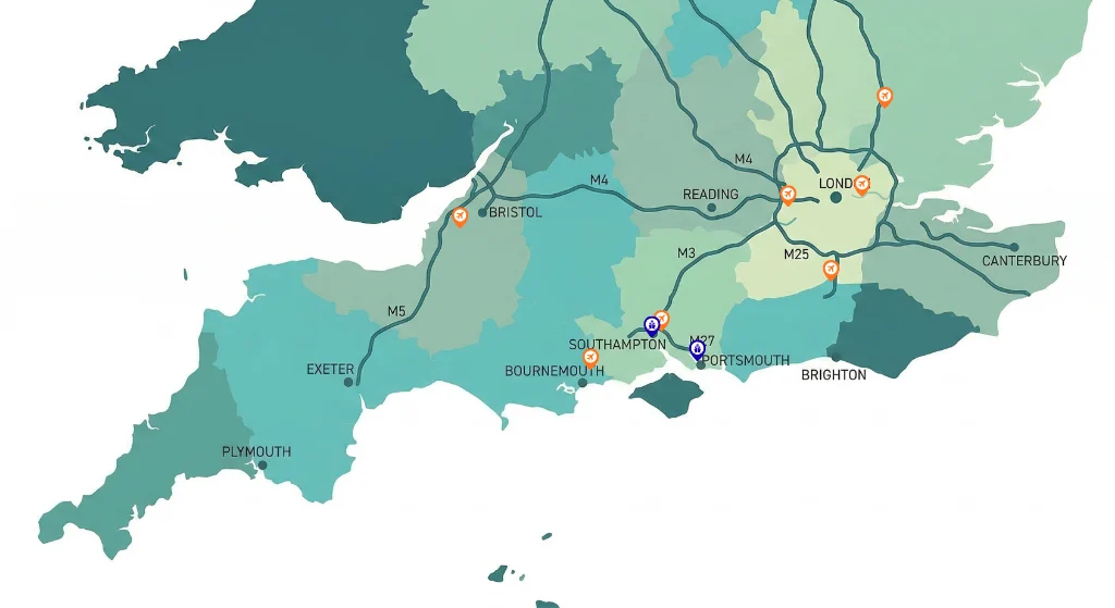 Map showing areas we cover with Southampton airport, Southampton Cruises, Portsmouth Cruises, Bristol airport, Bournemouth airport, Gatwick airport, Heathrow airport, Stansted airport and London City airport marked.